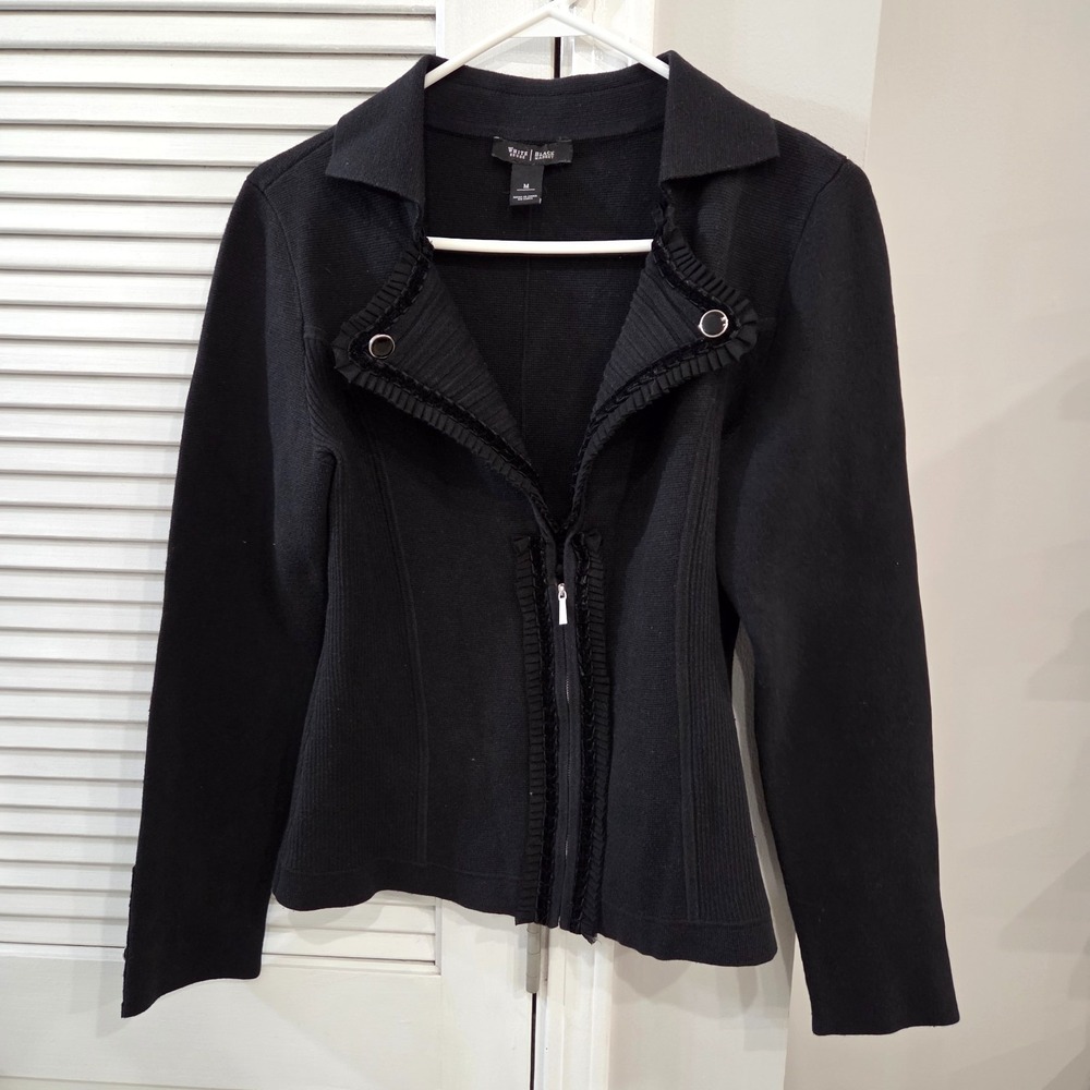 Womens White House Black Market Black Knit Zip-Up Cardigan Ruffled Trim Size Med